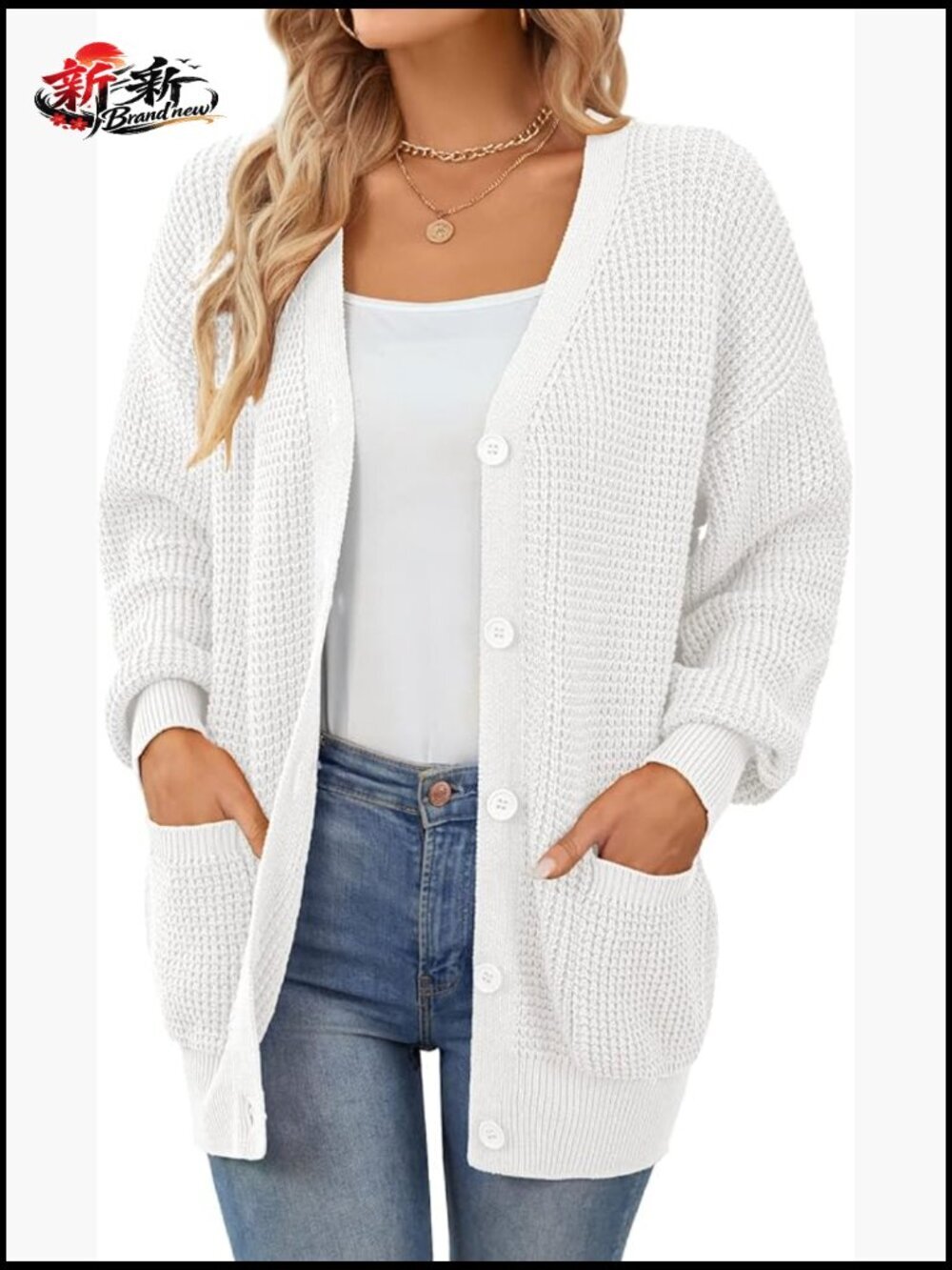 100% Cotton Button-Down Oversized Knit Cardigan with Pockets, Long Sleeve